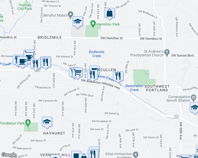 map of restaurants, bars, coffee shops, grocery stores, and more near 5140 Southwest 43rd Avenue in Portland