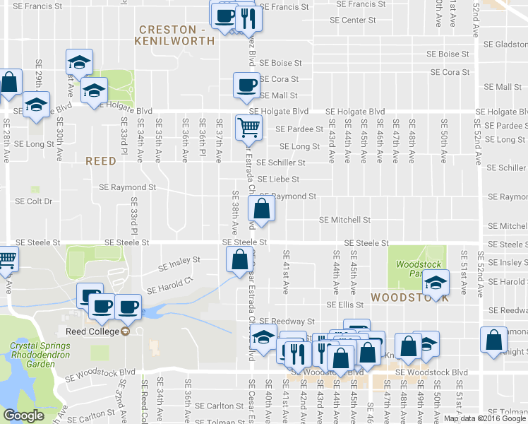 map of restaurants, bars, coffee shops, grocery stores, and more near 5041 Southeast 40th Avenue in Portland