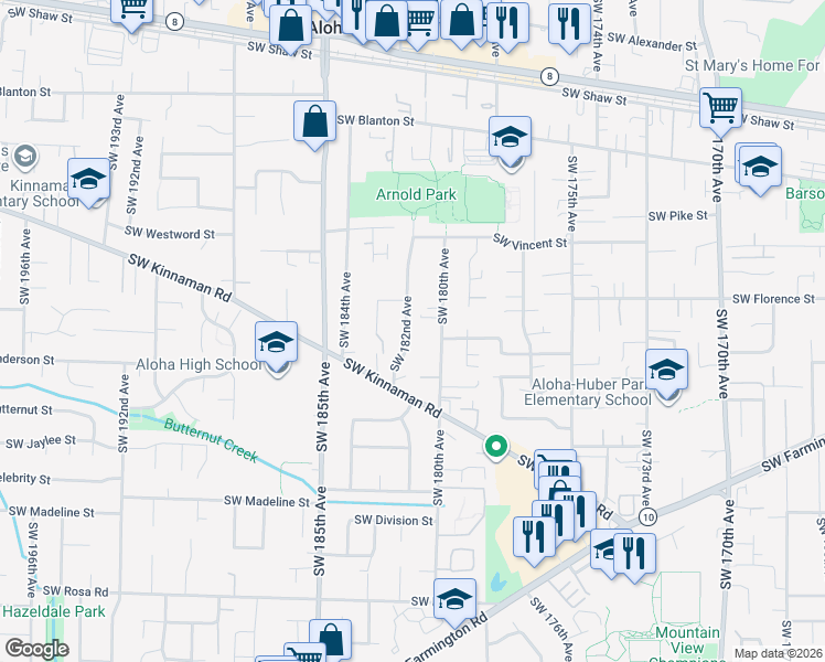map of restaurants, bars, coffee shops, grocery stores, and more near 4670 Southwest 182nd Avenue in Aloha