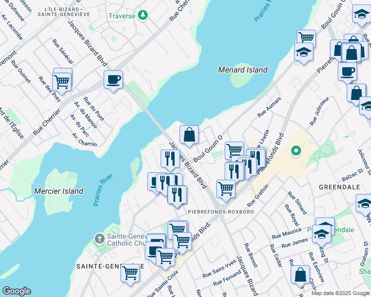 map of restaurants, bars, coffee shops, grocery stores, and more near Rue Lefebvre in Montréal