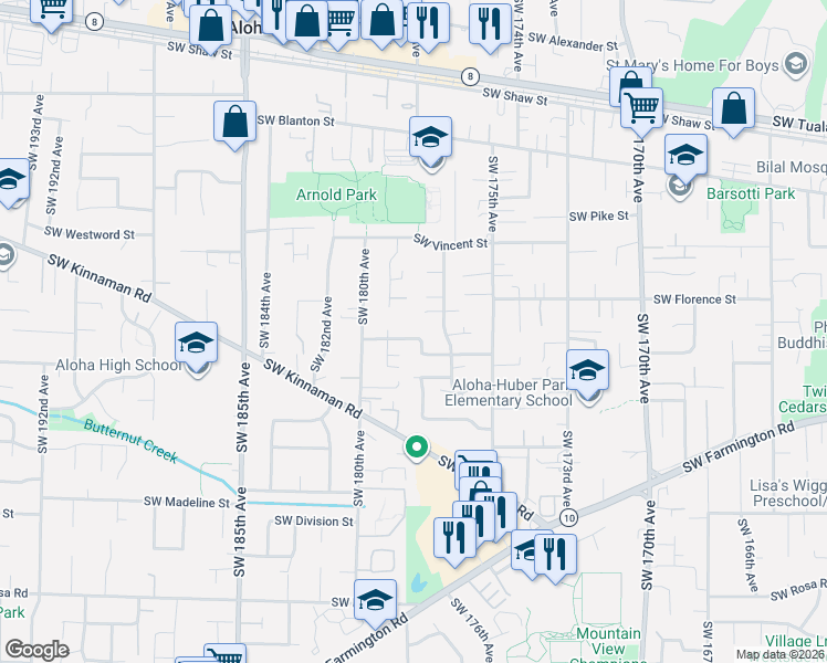 map of restaurants, bars, coffee shops, grocery stores, and more near 17811 Southwest Robert Lane in Beaverton