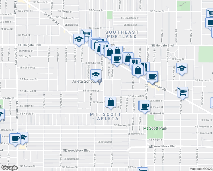map of restaurants, bars, coffee shops, grocery stores, and more near 5110 Southeast 66th Avenue in Portland