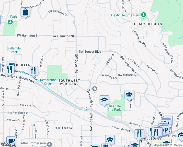 map of restaurants, bars, coffee shops, grocery stores, and more near 5118 Southwest Richenberg Court in Portland