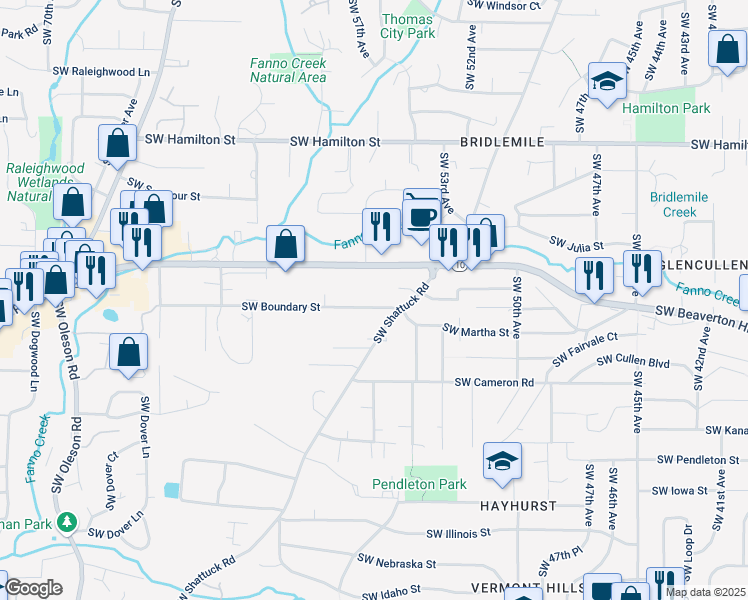 map of restaurants, bars, coffee shops, grocery stores, and more near 5555 Southwest Boundary Street in Portland