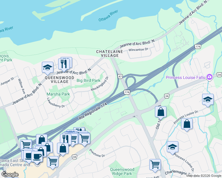 map of restaurants, bars, coffee shops, grocery stores, and more near 318 Tulip Crescent in Ottawa