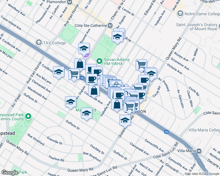 map of restaurants, bars, coffee shops, grocery stores, and more near 5340 Avenue Trans Island in Montréal