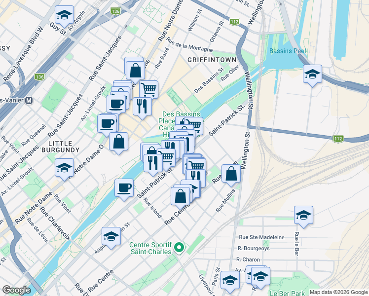 map of restaurants, bars, coffee shops, grocery stores, and more near 1729 Rue Saint-Patrick in Montréal