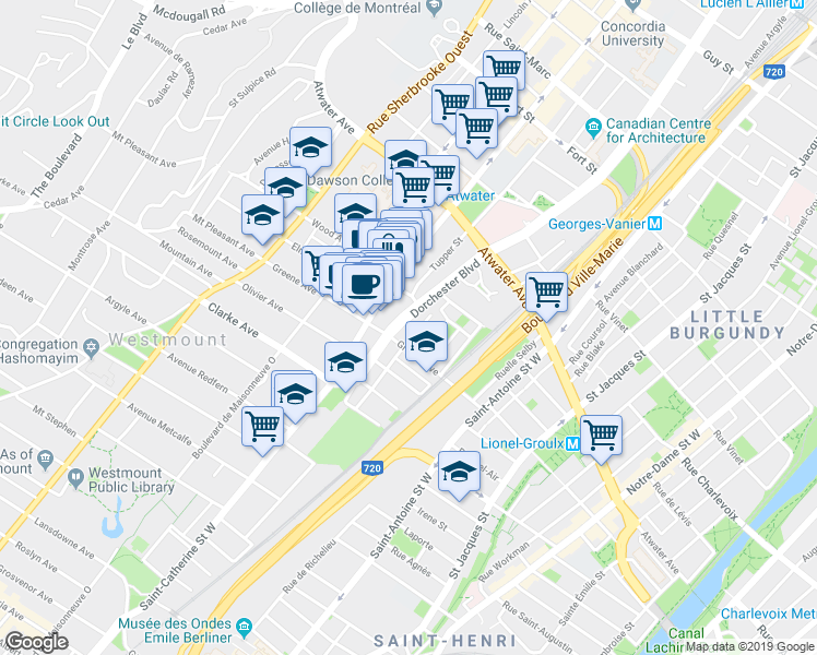 map of restaurants, bars, coffee shops, grocery stores, and more near 4160 Dorchester Boulevard in Westmount