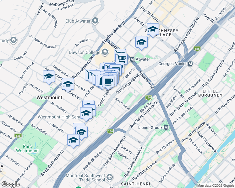 map of restaurants, bars, coffee shops, grocery stores, and more near 4162 Boulevard Dorchester in Westmount
