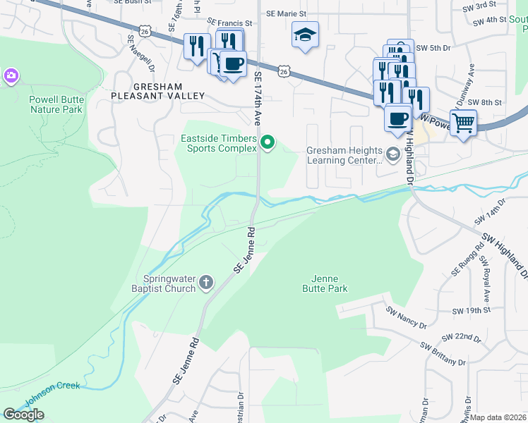 map of restaurants, bars, coffee shops, grocery stores, and more near 5006 Southeast Jenne Road in Portland