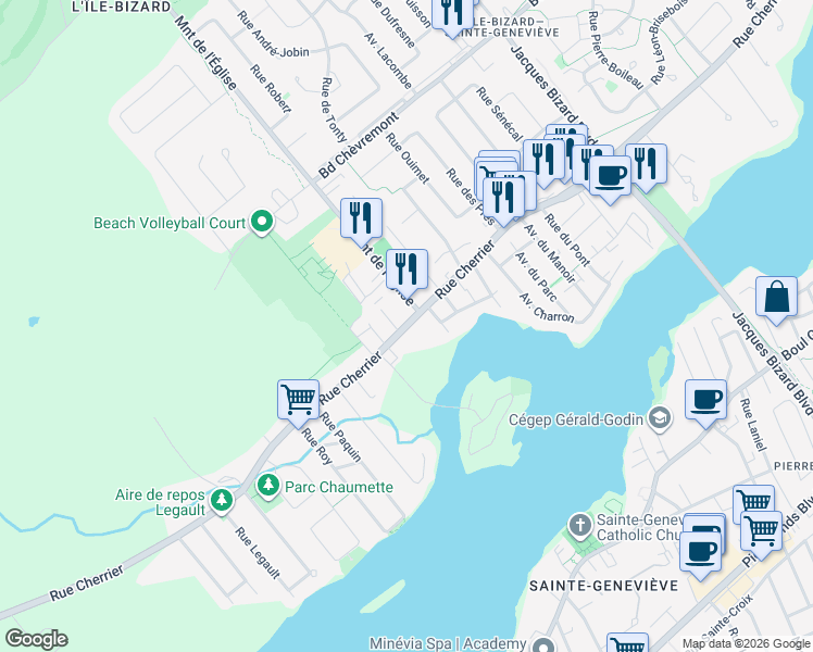 map of restaurants, bars, coffee shops, grocery stores, and more near Rue Cherrier in Montréal