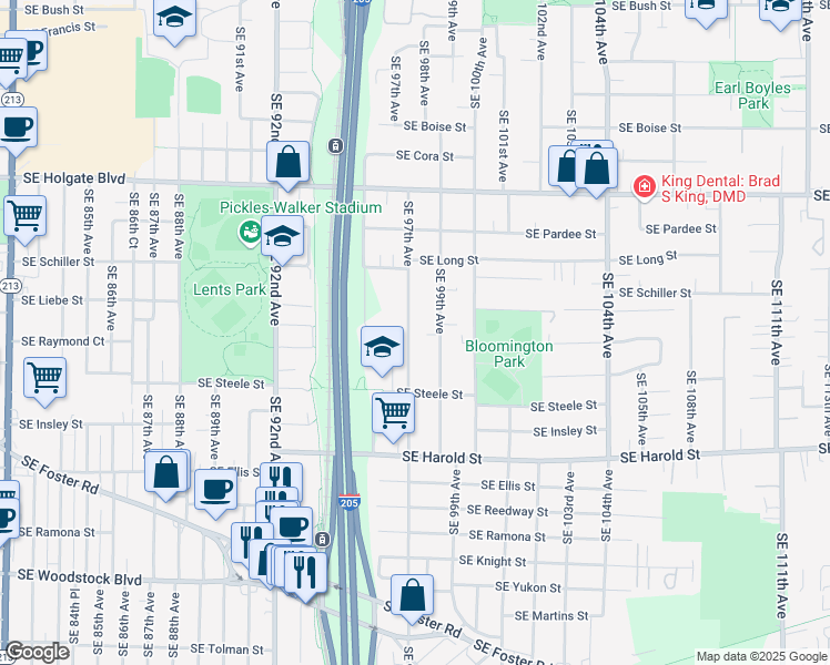 map of restaurants, bars, coffee shops, grocery stores, and more near 5002 Southeast 97th Avenue in Portland