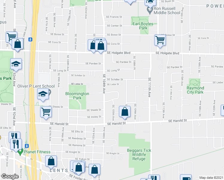 map of restaurants, bars, coffee shops, grocery stores, and more near 10501 Southeast Raymond Street in Portland