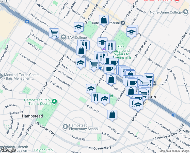 map of restaurants, bars, coffee shops, grocery stores, and more near 5564 Avenue Coolbrook in Montréal