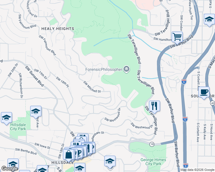 map of restaurants, bars, coffee shops, grocery stores, and more near 1117 Southwest Mitchell Lane in Portland