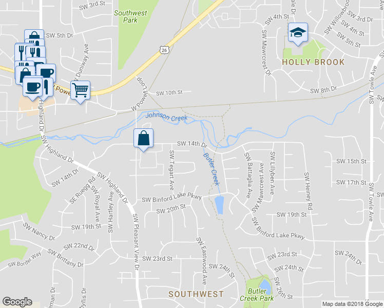map of restaurants, bars, coffee shops, grocery stores, and more near 3040 Southwest 15th Court in Gresham
