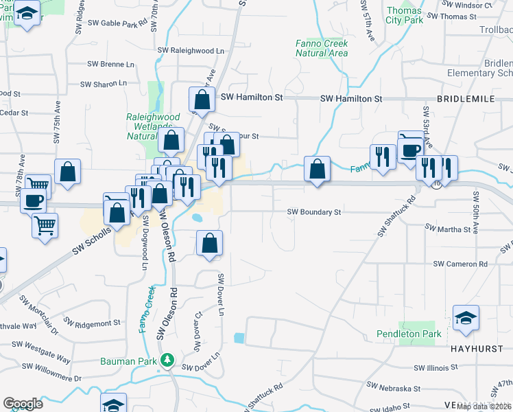 map of restaurants, bars, coffee shops, grocery stores, and more near 6325 Southwest Boundary Street in Portland