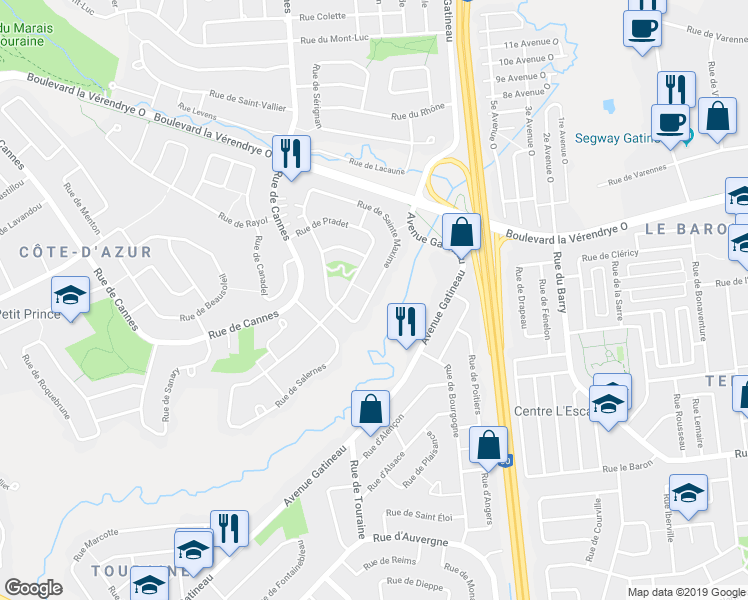 map of restaurants, bars, coffee shops, grocery stores, and more near 373 Rue de Sainte Maxime in Gatineau