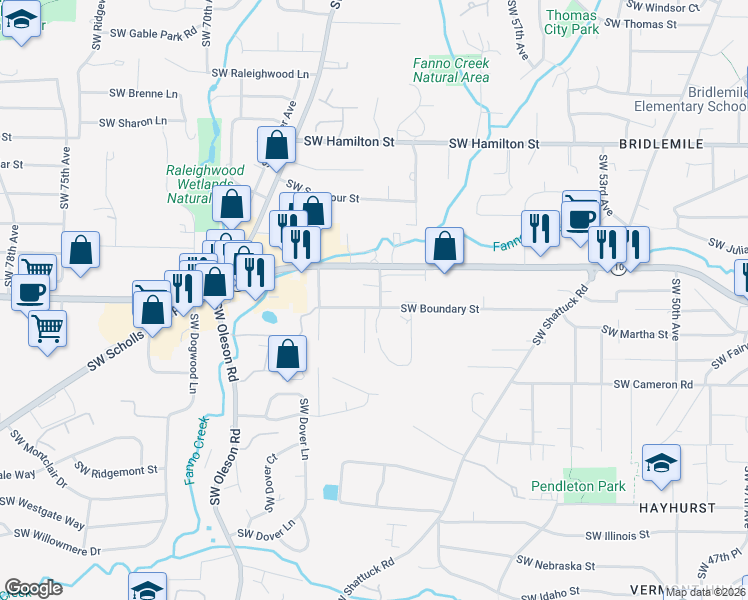 map of restaurants, bars, coffee shops, grocery stores, and more near 6325 Southwest Boundary Street in Portland