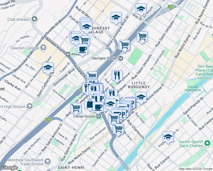map of restaurants, bars, coffee shops, grocery stores, and more near 2468 Rue Coursol in Montréal