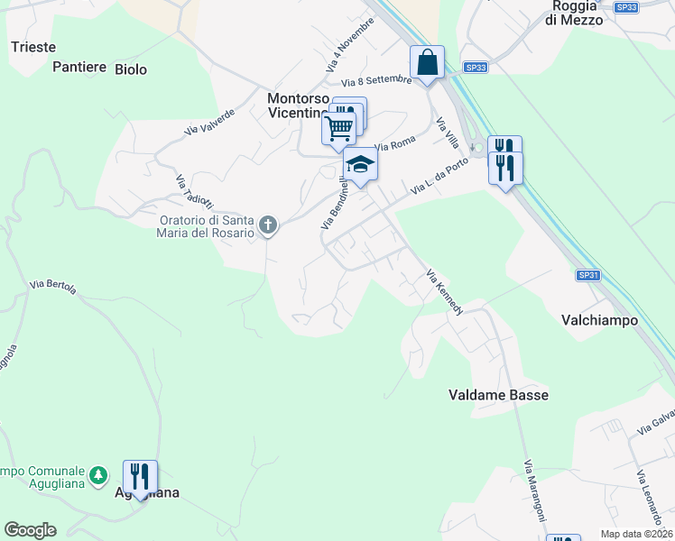 map of restaurants, bars, coffee shops, grocery stores, and more near 2 Via Rio in Montorso Vicentino
