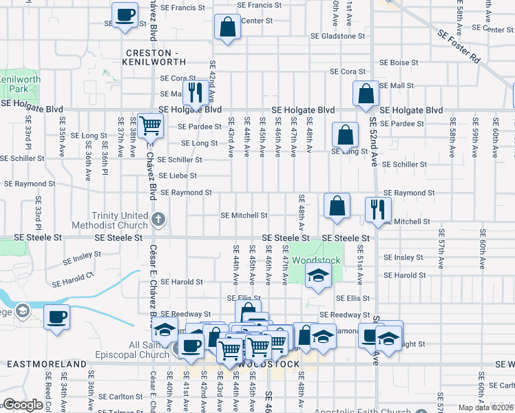 map of restaurants, bars, coffee shops, grocery stores, and more near 5104 Southeast 45th Avenue in Portland