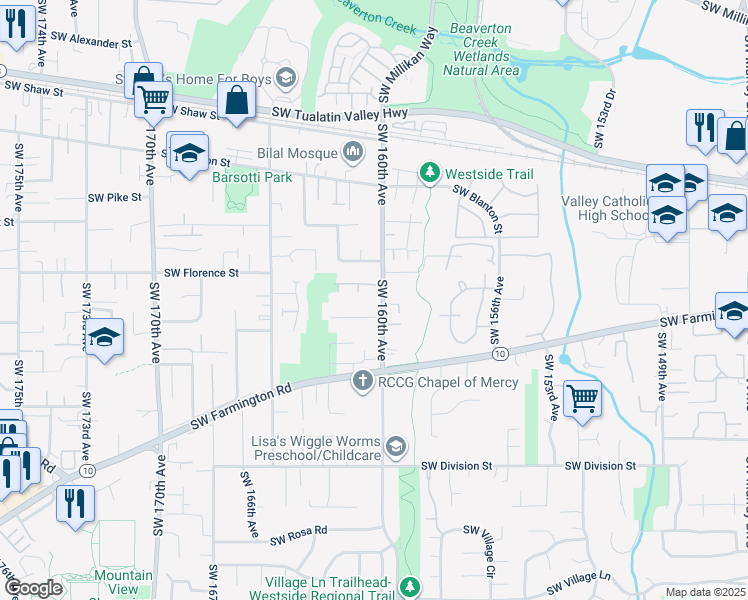 map of restaurants, bars, coffee shops, grocery stores, and more near 16064 Southwest Shelton Street in Beaverton