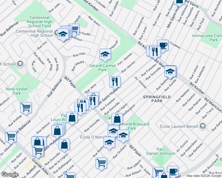 map of restaurants, bars, coffee shops, grocery stores, and more near 4660 Montée Saint-Hubert in Longueuil