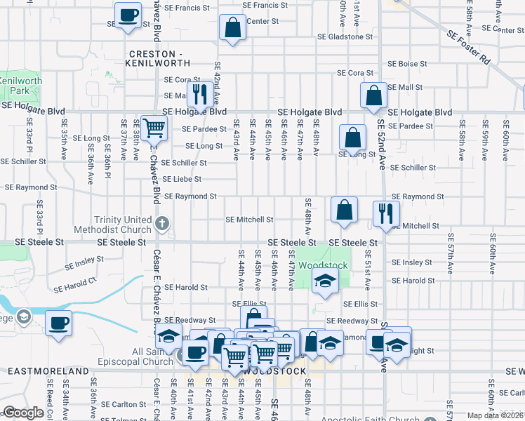 map of restaurants, bars, coffee shops, grocery stores, and more near 5104 Southeast 45th Avenue in Portland