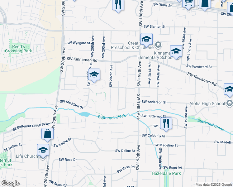 map of restaurants, bars, coffee shops, grocery stores, and more near 4633 Southwest 201st Avenue in Beaverton