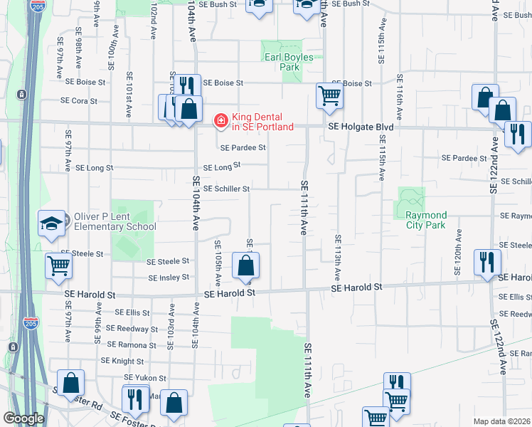 map of restaurants, bars, coffee shops, grocery stores, and more near 4939 Southeast 109th Avenue in Portland