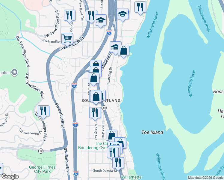 map of restaurants, bars, coffee shops, grocery stores, and more near 5150 South Landing Drive in Portland