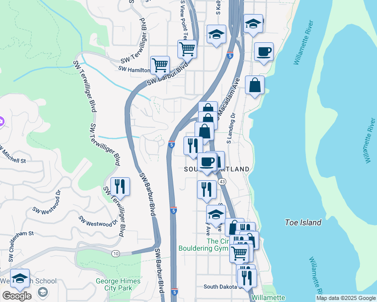 map of restaurants, bars, coffee shops, grocery stores, and more near 5124 South View Point Terrace in Portland