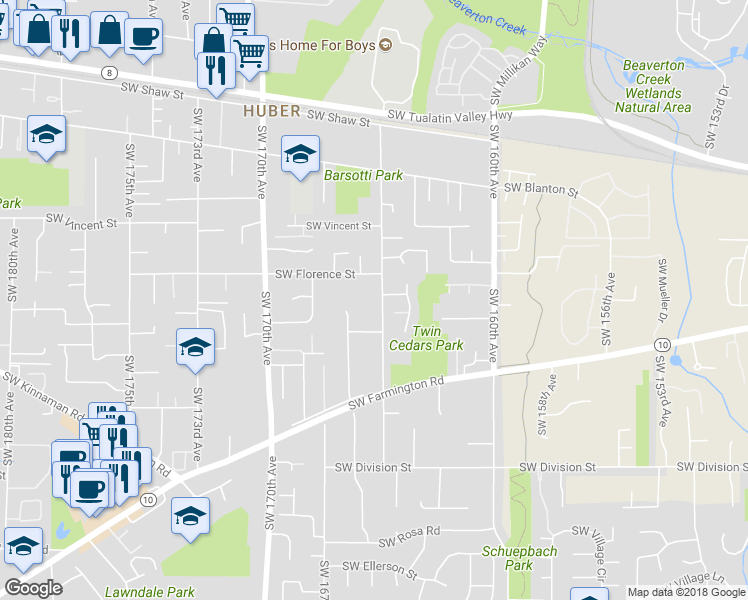 map of restaurants, bars, coffee shops, grocery stores, and more near 4675 Southwest 165th Avenue in Beaverton