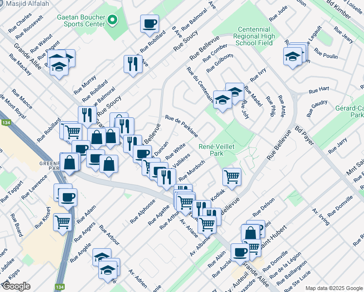 map of restaurants, bars, coffee shops, grocery stores, and more near 585 Rue White in Greenfield Park