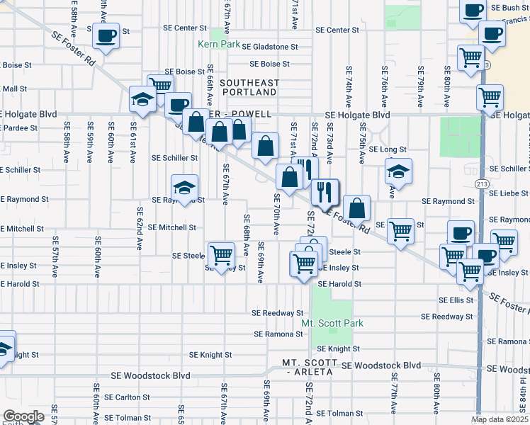 map of restaurants, bars, coffee shops, grocery stores, and more near 6910 Southeast Raymond Court in Portland