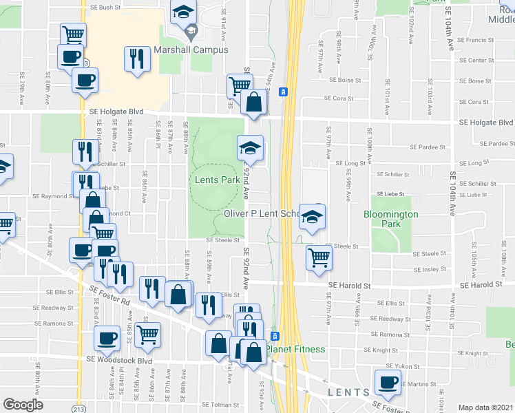 map of restaurants, bars, coffee shops, grocery stores, and more near 9214 Southeast Raymond Street in Portland