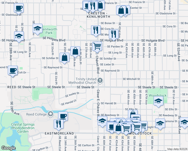 map of restaurants, bars, coffee shops, grocery stores, and more near 5112 Southeast 38th Avenue in Portland