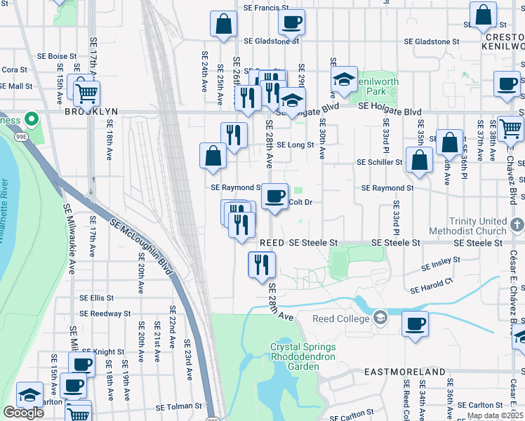 map of restaurants, bars, coffee shops, grocery stores, and more near 5032 Southeast 26th Avenue in Portland