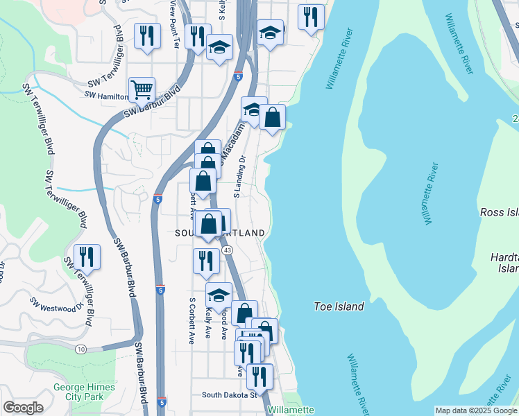 map of restaurants, bars, coffee shops, grocery stores, and more near 5150 South Landing Drive in Portland