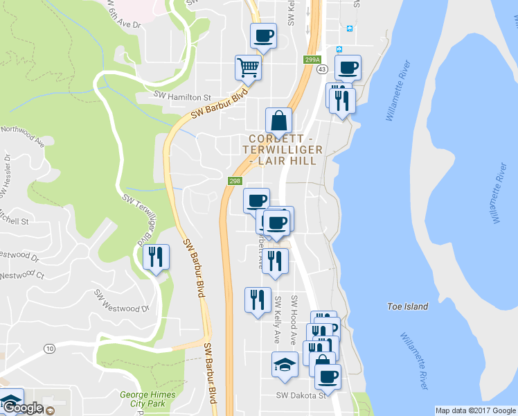 map of restaurants, bars, coffee shops, grocery stores, and more near 5124 South View Point Terrace in Portland
