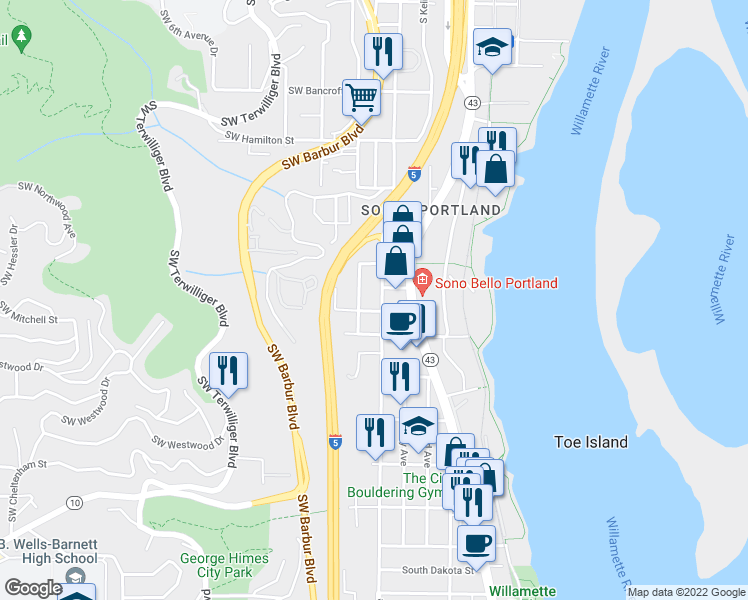 map of restaurants, bars, coffee shops, grocery stores, and more near 5124 South View Point Terrace in Portland