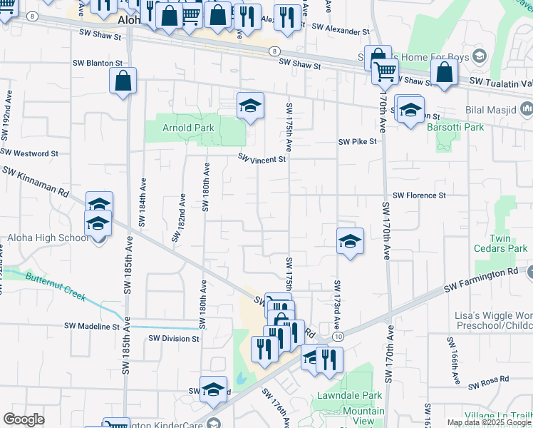 map of restaurants, bars, coffee shops, grocery stores, and more near 4657 Southwest 176th Terrace in Beaverton