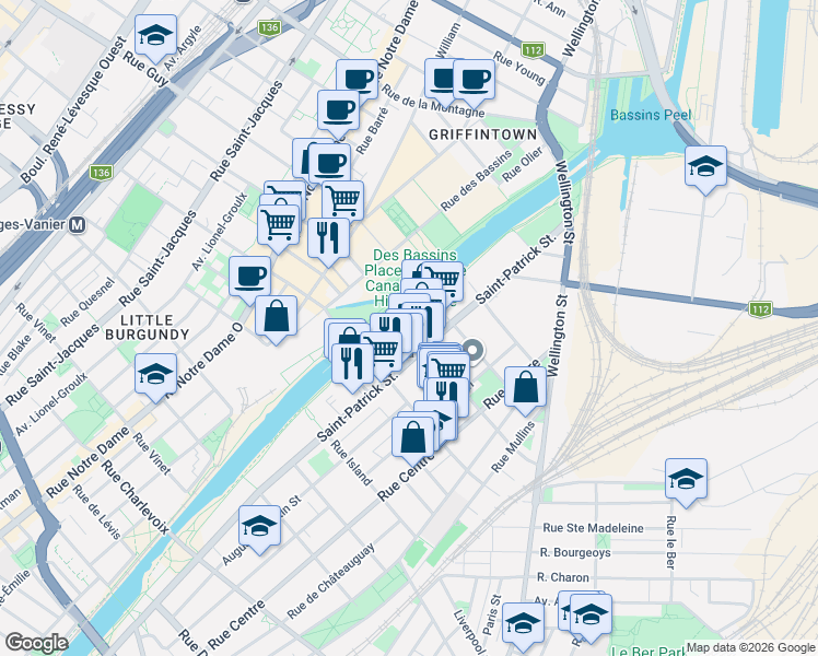 map of restaurants, bars, coffee shops, grocery stores, and more near 1713 Saint-Patrick Street in Montreal