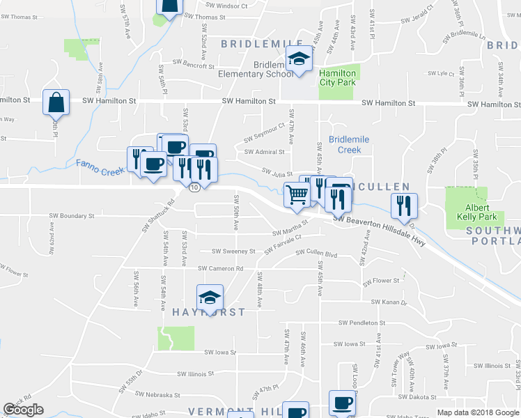 map of restaurants, bars, coffee shops, grocery stores, and more near 5240 Southwest 49th Drive in Portland