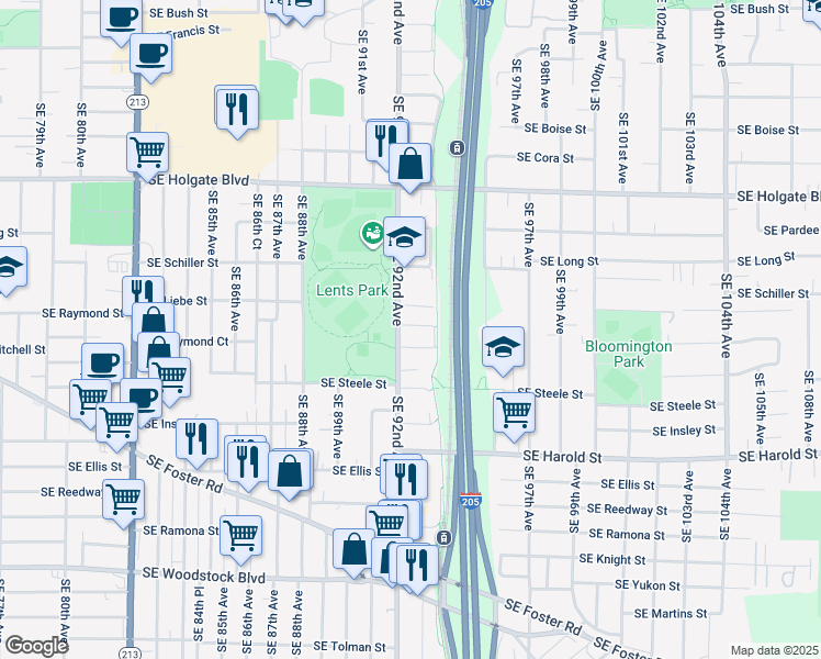 map of restaurants, bars, coffee shops, grocery stores, and more near 9214 Southeast Raymond Street in Portland