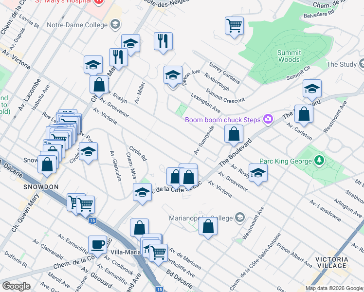 map of restaurants, bars, coffee shops, grocery stores, and more near 4663 Avenue Grosvenor in Montréal
