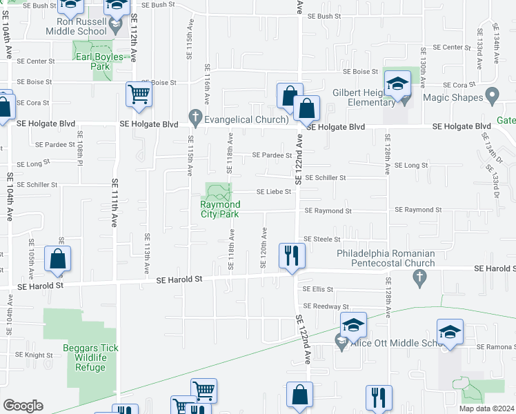 map of restaurants, bars, coffee shops, grocery stores, and more near 11931 Southeast Raymond Street in Portland