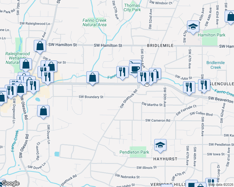 map of restaurants, bars, coffee shops, grocery stores, and more near 5623 Southwest Boundary Street in Portland