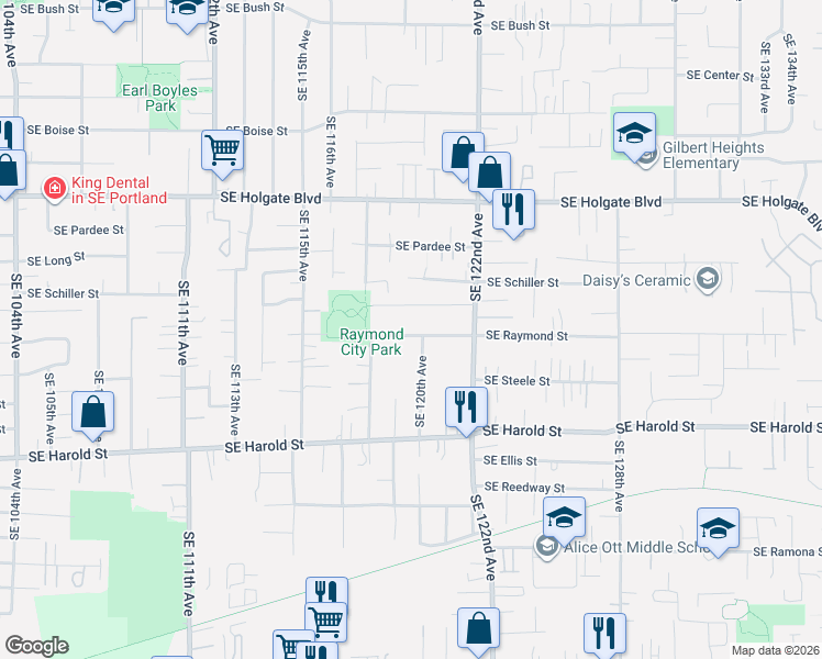 map of restaurants, bars, coffee shops, grocery stores, and more near 11931 Southeast Raymond Street in Portland
